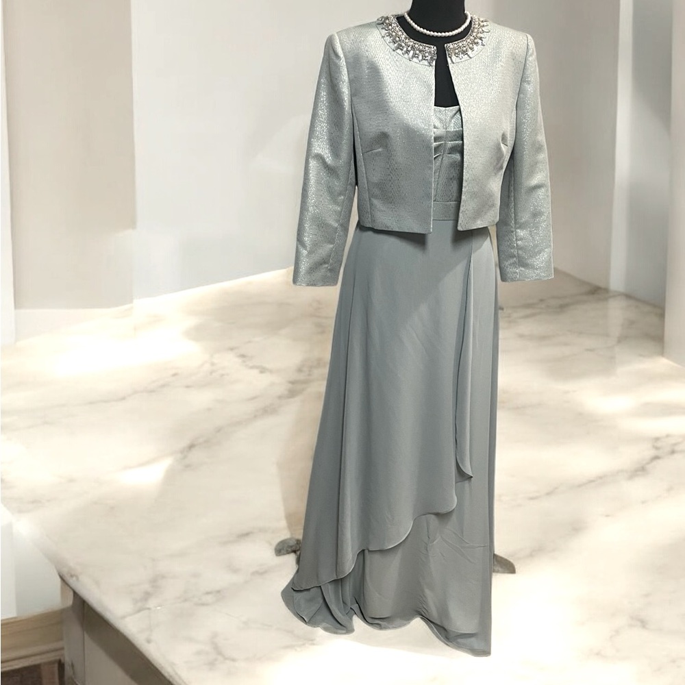 TAHARI CHIFFON GOWN WITH JACKET SIZE 8 METALLIC JACQUARD ARTHUR LEVINE MINT. - Picture 2 of 15